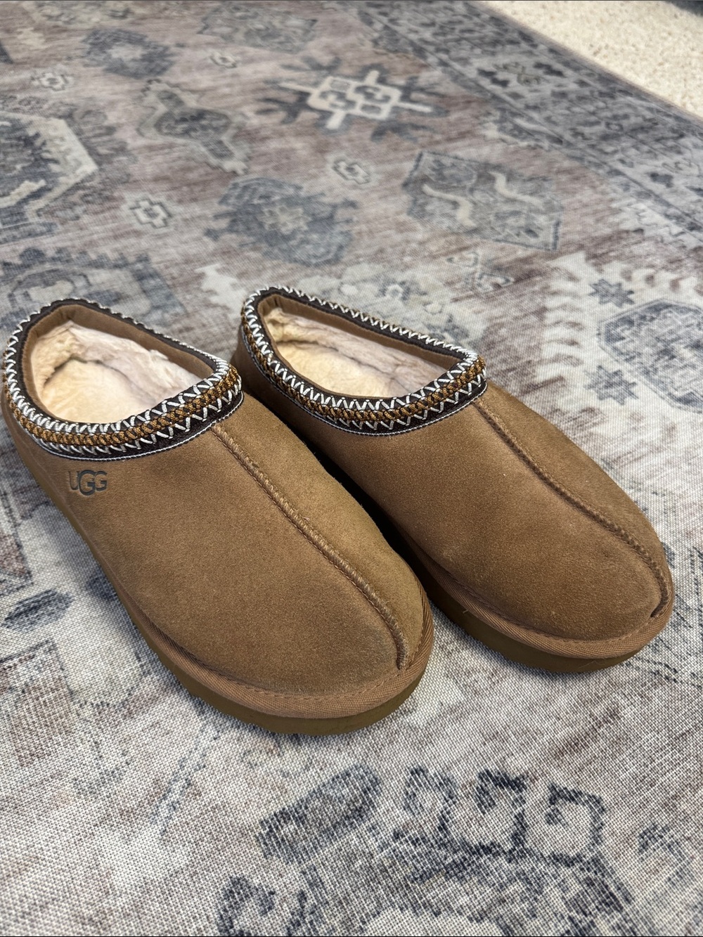 UGG Women’s Chestnut Suede Slip-On Loafers with Shearling Trim